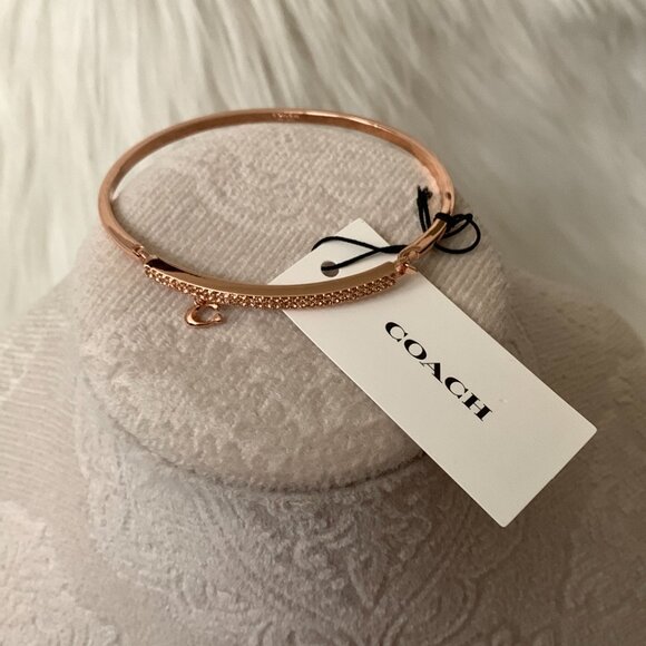 COACH Pave Bar Charm Necklace & Hinged Bangle Set in Rose Gold - Picture 7 of 8